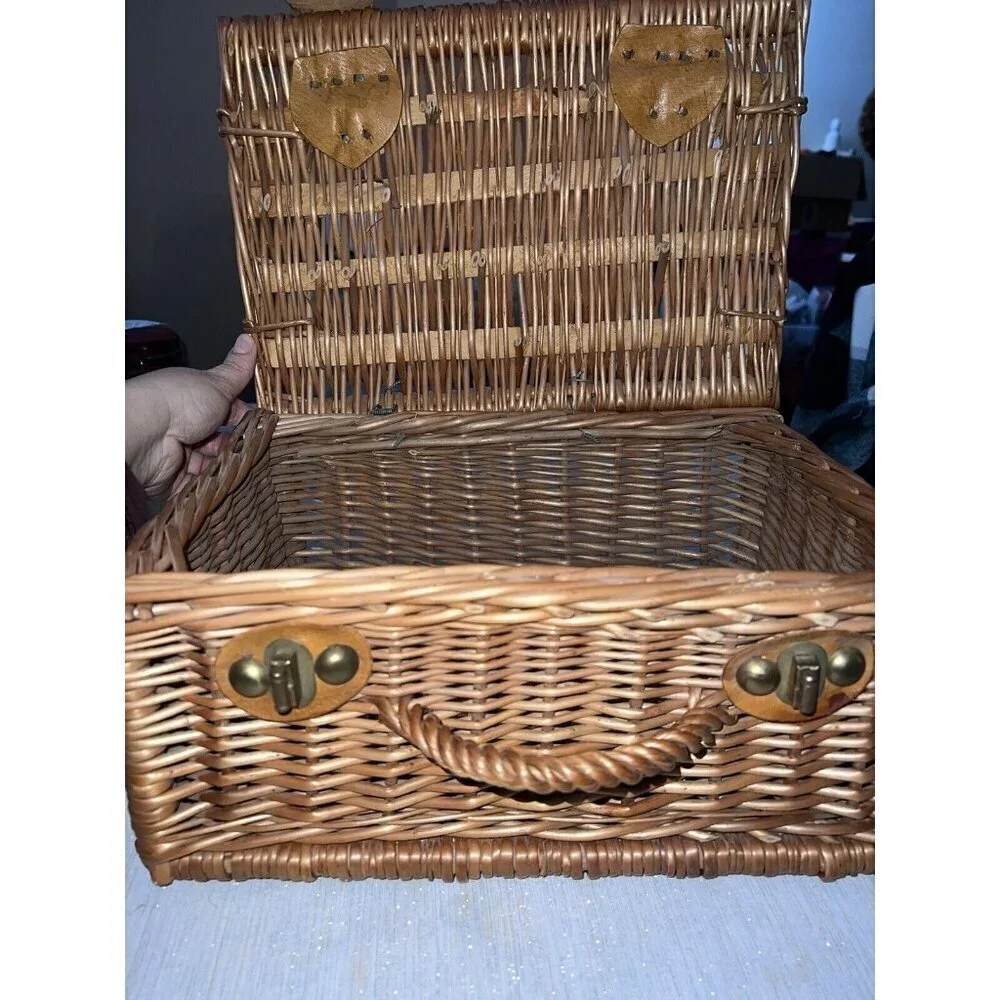 Vintage Rattan Suitcase Wicker Chest Picnic and Wine Box